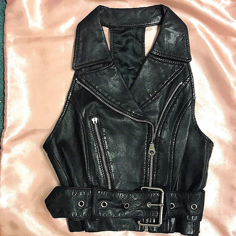 🏍 Sexy Black Leather Biker Vest    Size S